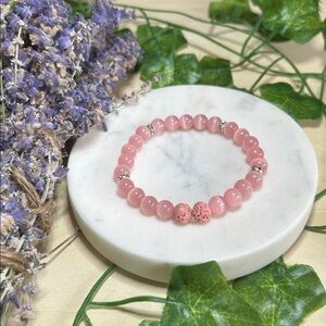 Pink Opal Cats eye with lava stone stretch bracelet